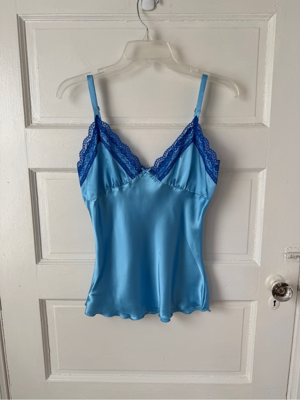 Vintage Y2K Blue Satin Lace Trim Cami Top Coquette Fairy Going Out Lingerie M
